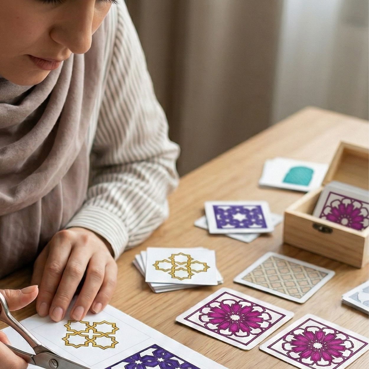 Printable Islamic game cards being cut and played at a table