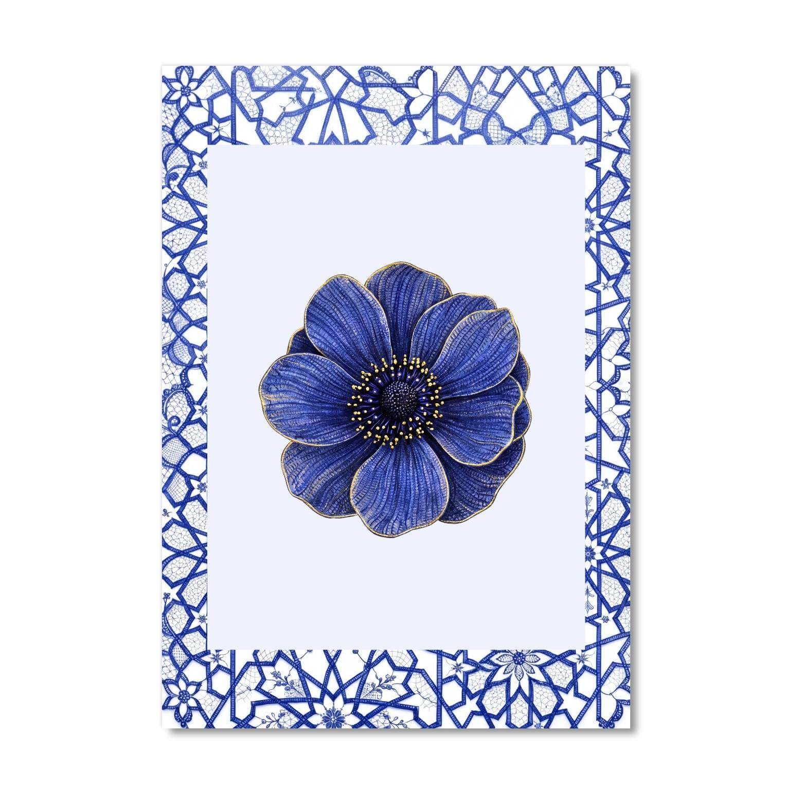 Islamic geometric lace border with blue botanical bloom, feminine printable wall art digital download