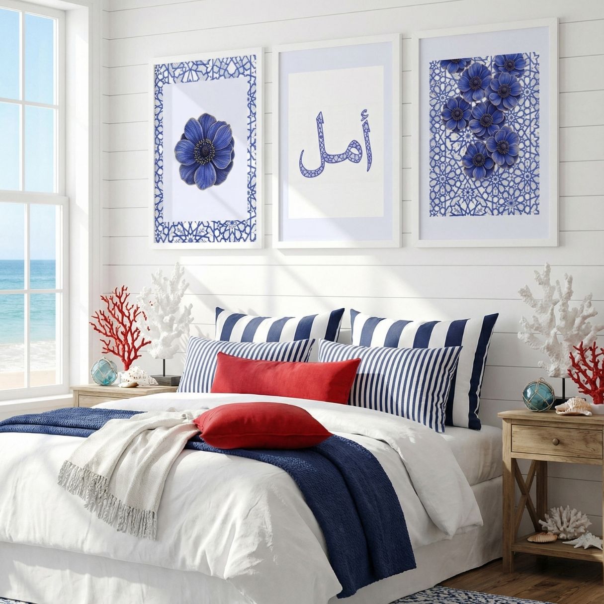 Contemporary Islamic wall art trio above bed in bright beach house bedroom.