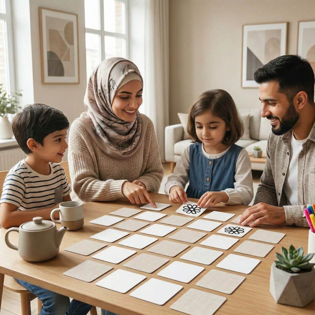 Family playing an Islamic geometric memory game with printable matching cards laid out on a table, screen-free Ramadan activity for children.