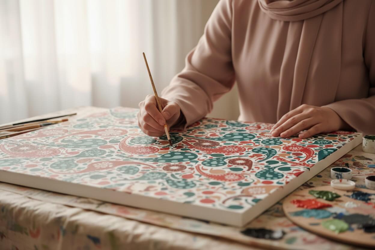 Modest woman painting a colorful paisley design on a canvas with a brush.