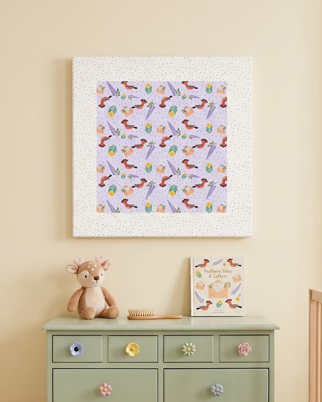 Islamic nursery wall art canvas featuring Hoopoe bird pattern styled in a soft children’s room