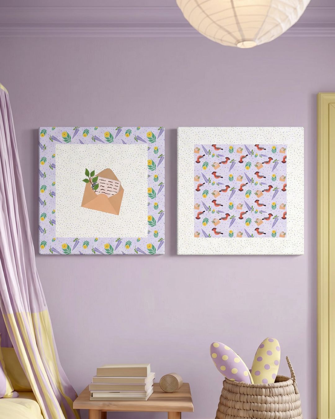 Islamic nursery wall art set with Suleiman letter and Hudhud bird (hoopoe) canvas styled in a soft pastel children’s room