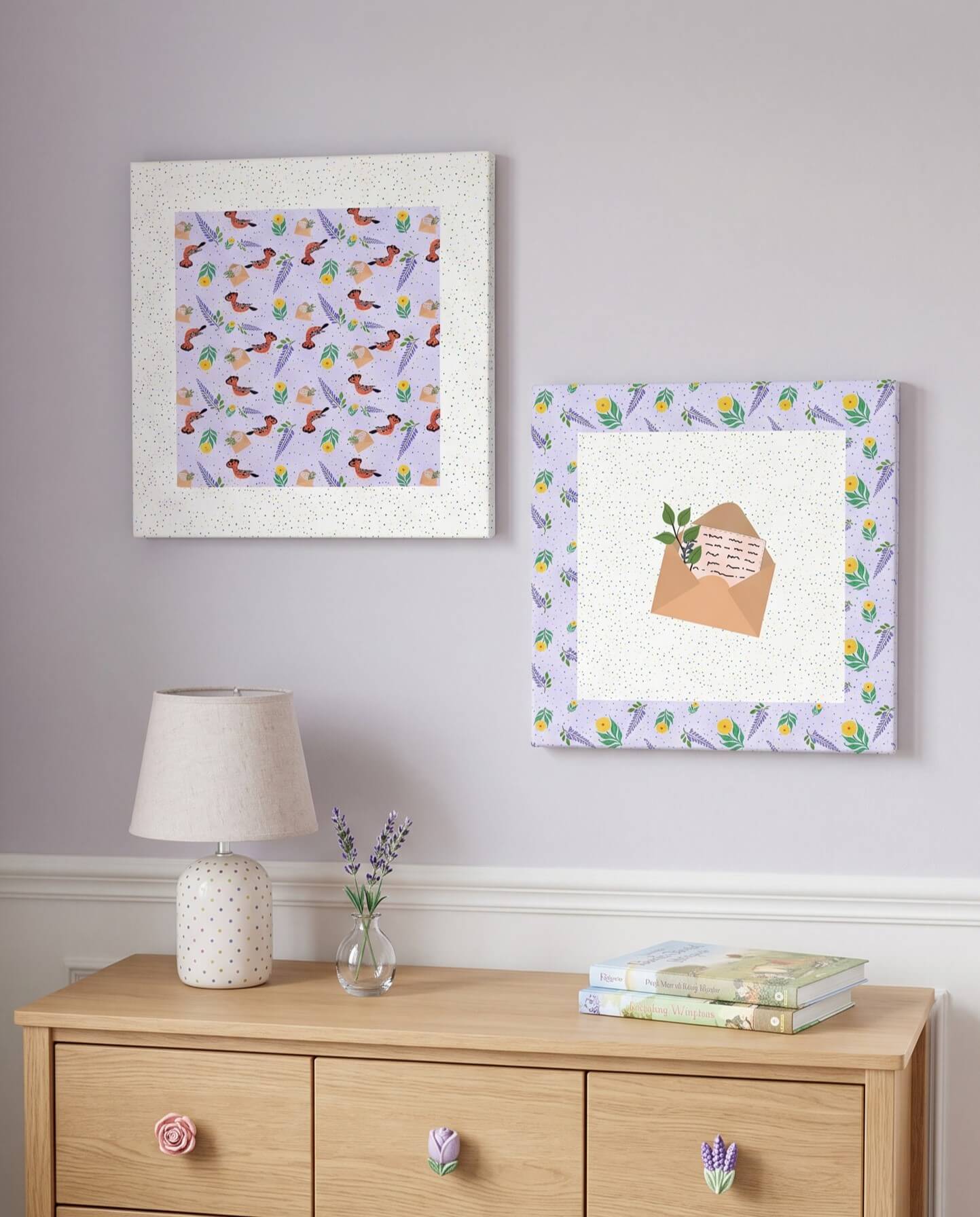 Islamic nursery wall art set with Suleiman letter and Hudhud bird (hoopoe) canvas in a neutral children’s room close view
