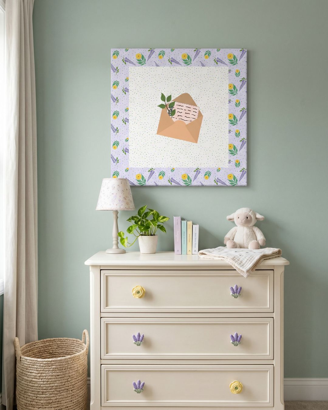 Islamic nursery wall art with Suleiman letter canvas styled in a soft baby room with neutral decor