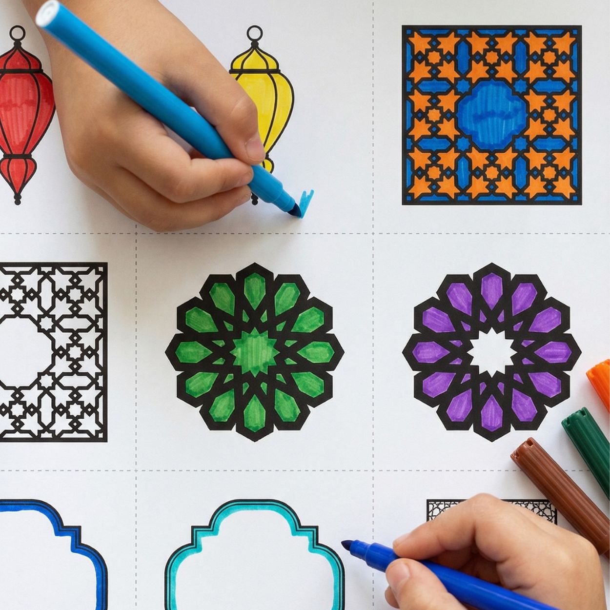 Child colouring Islamic geometric pattern memory cards before playing