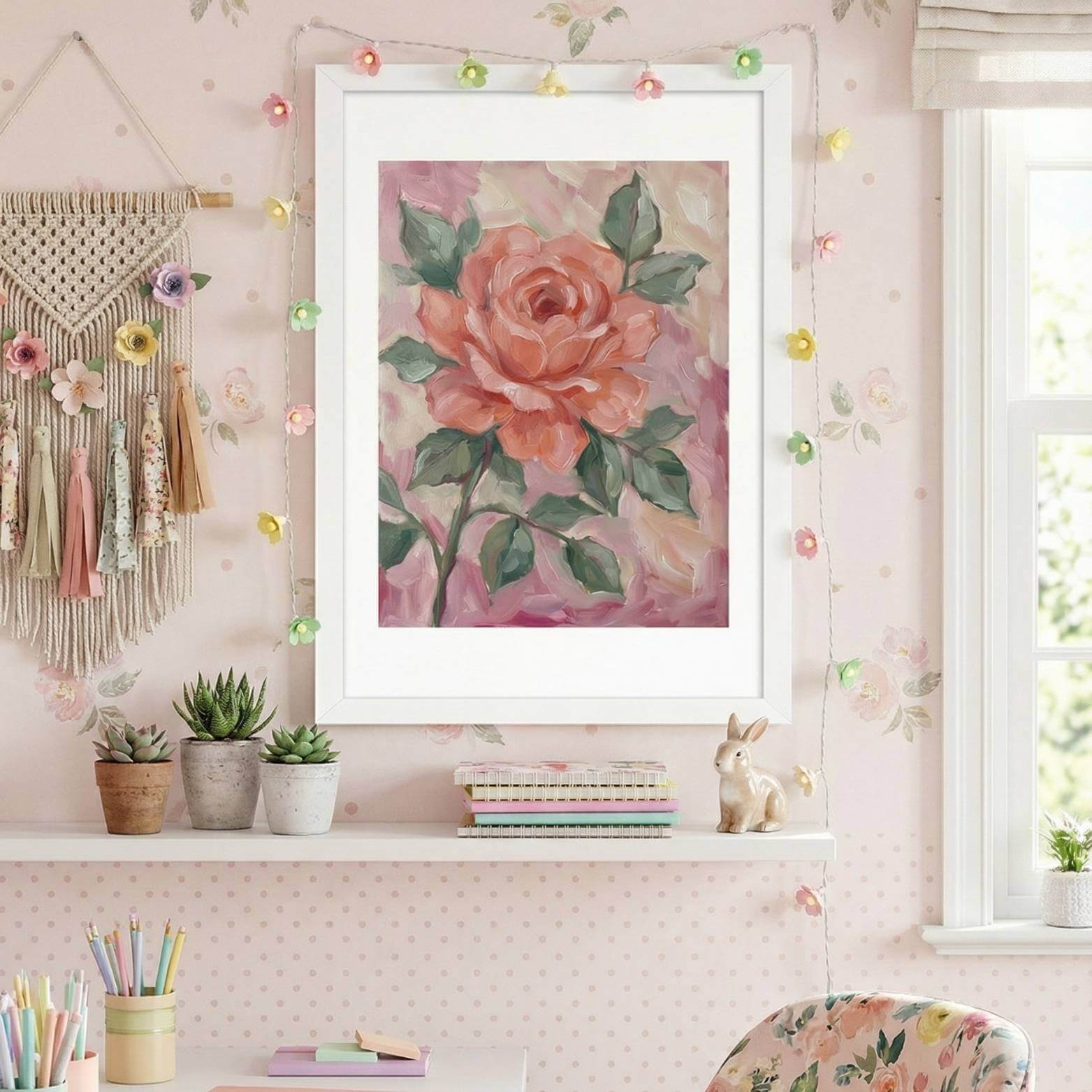 Islamic rose printable art framed in a soft pink room styled as feminine floral Islamic wall decor