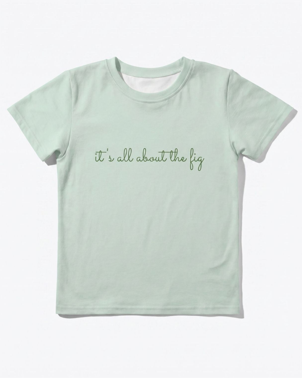 Mint kids t-shirt with “it’s all about the fig” text on white background