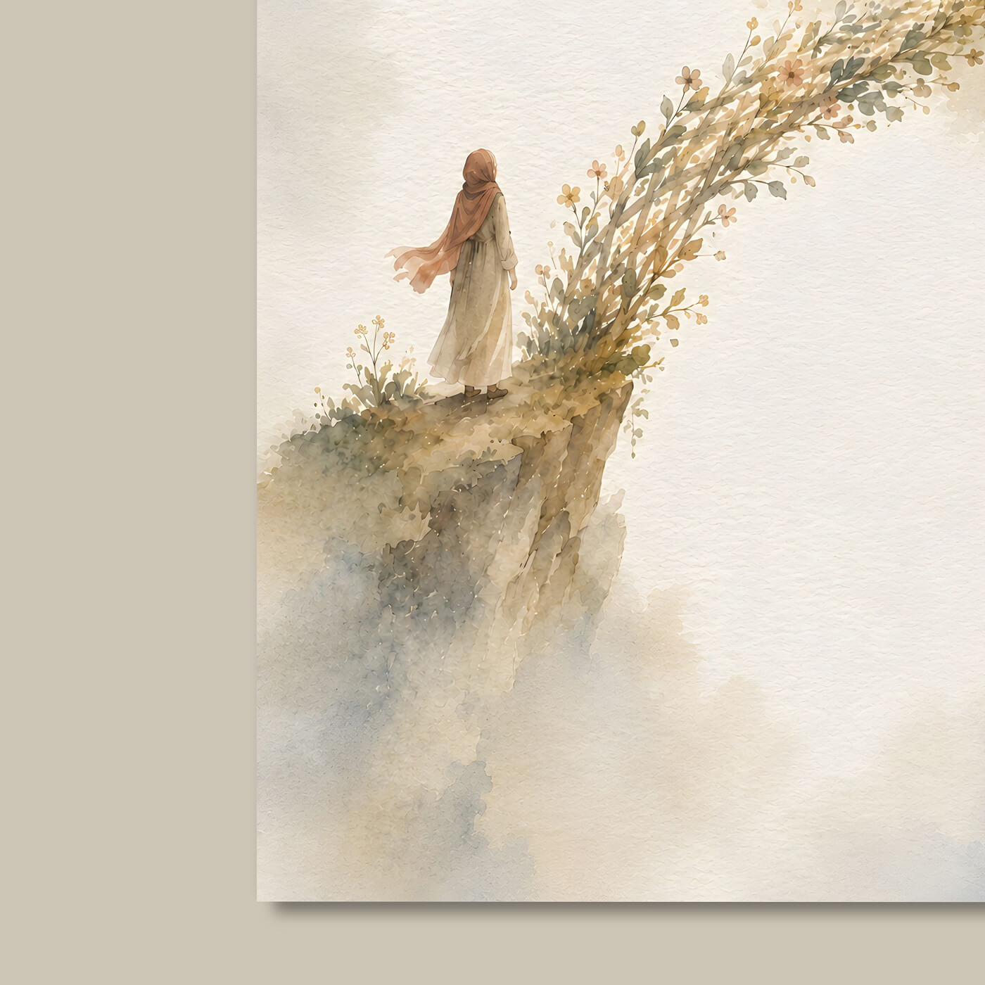 Preview of Rumi-inspired printable wall art showing a watercolor figure beside a floral bridge, with soft beige, sage, and blue tones on textured paper.