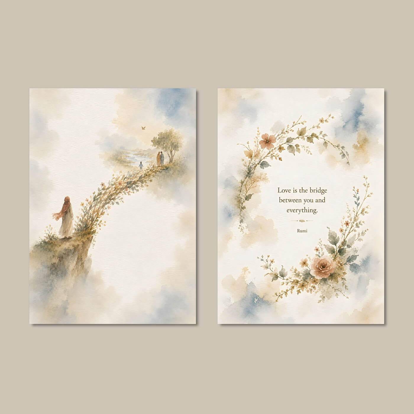 Preview of two Rumi-inspired printable artworks: a watercolor bridge scene and a botanical quote print with Love is the bridge between you and everything.