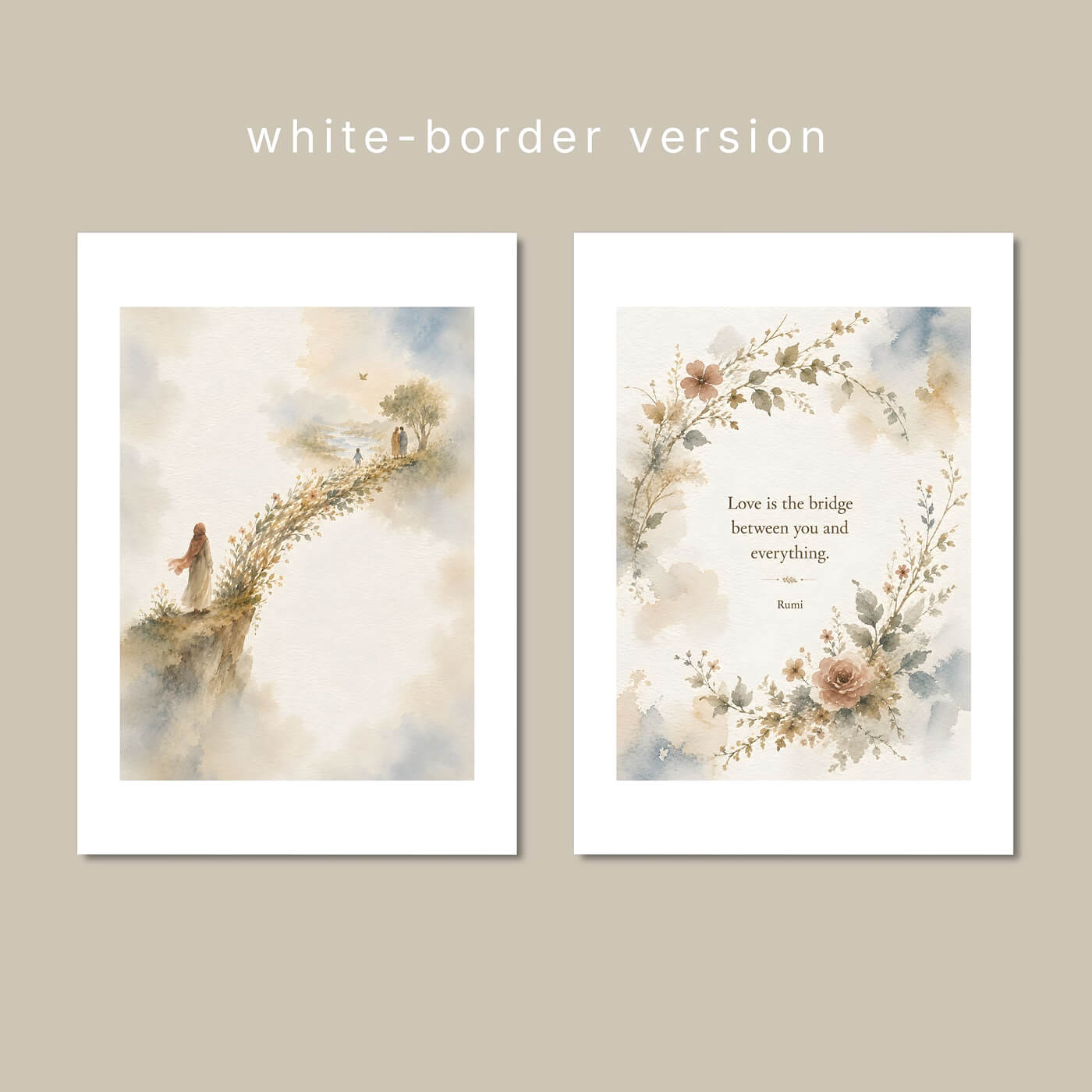Preview of the white-border versions of the Rumi bridge artwork and botanical quote print, designed for a gallery-style framed look.
