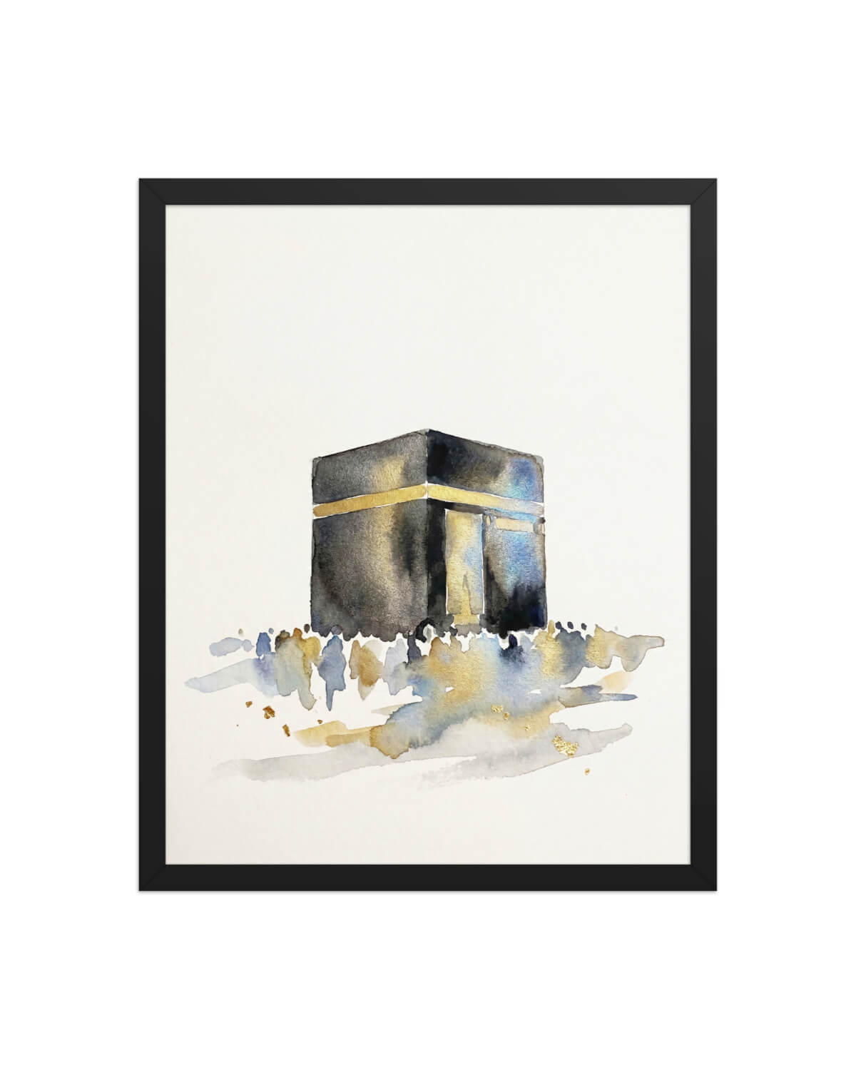 Minimal Kaaba wall art print in a black frame, featuring a watercolor-style Kaaba artwork for mosques, Islamic centres and Muslim prayer spaces.