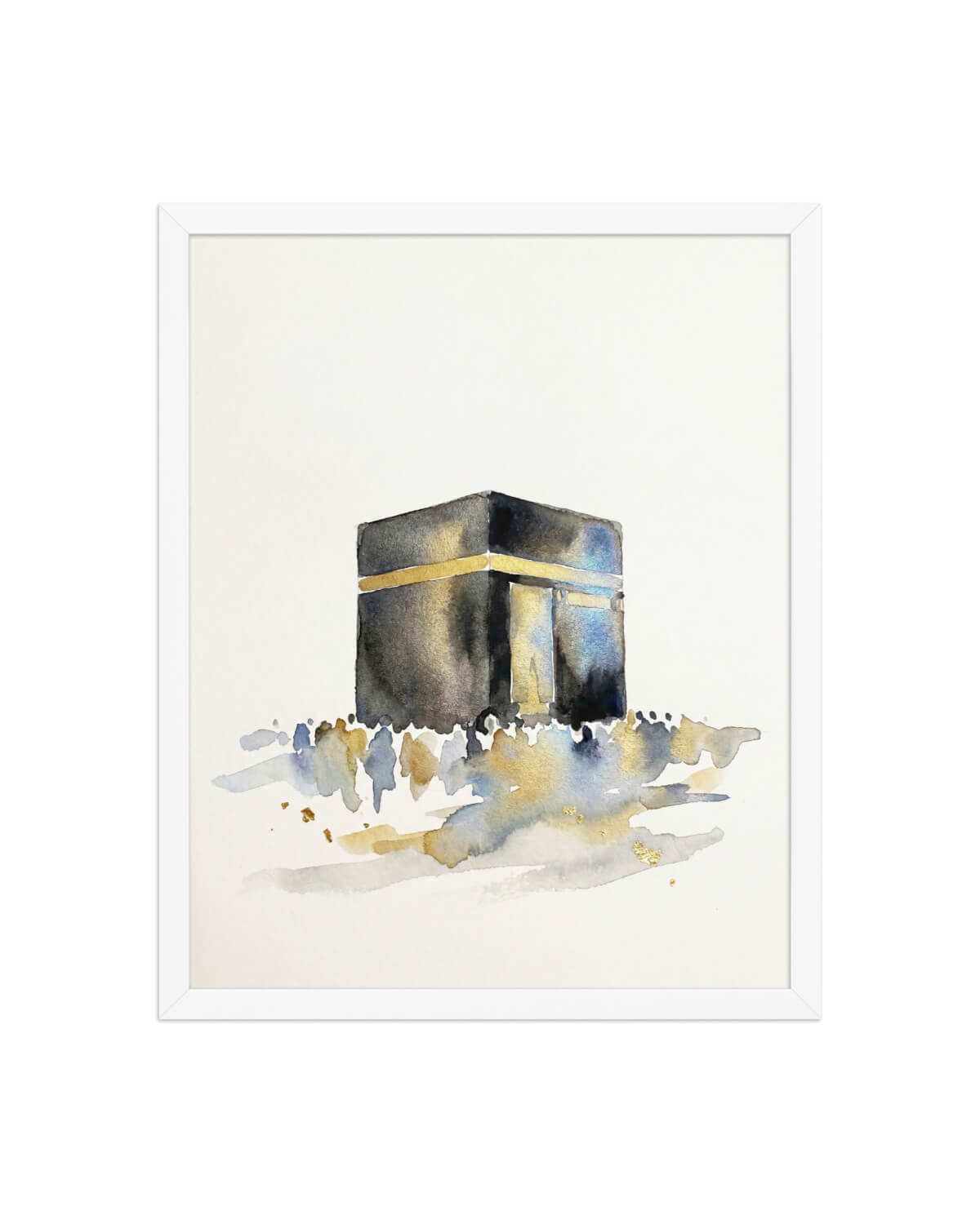 Minimal Kaaba wall art print in a white frame, featuring a watercolor-style Kaaba artwork for prayer rooms, mosques and Islamic centres.