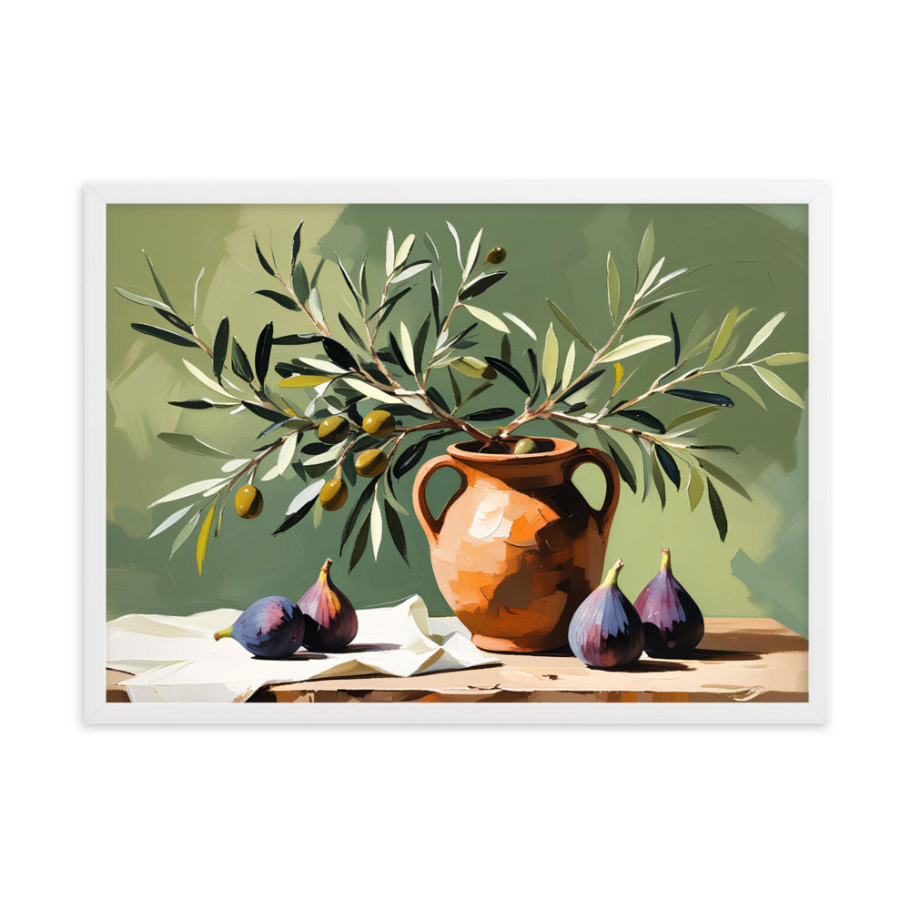 Olive and fig still life artwork with natural textures and muted colors, perfect for restaurant or café wall décor.