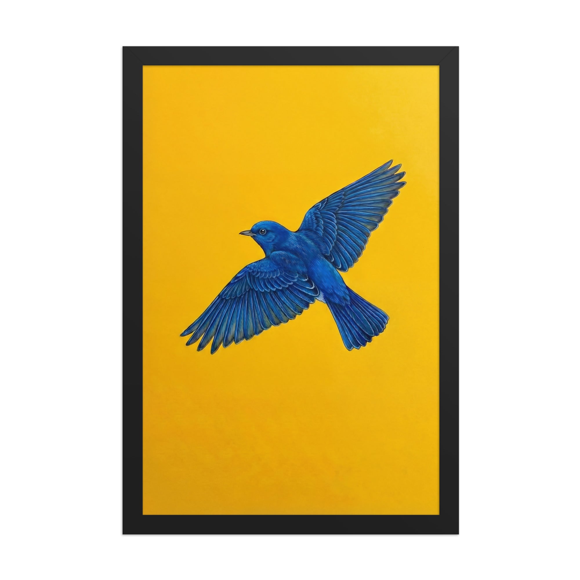 Bolbol (بلبل) Persian nightingale wall art in contemporary interior with yellow background and blue bird