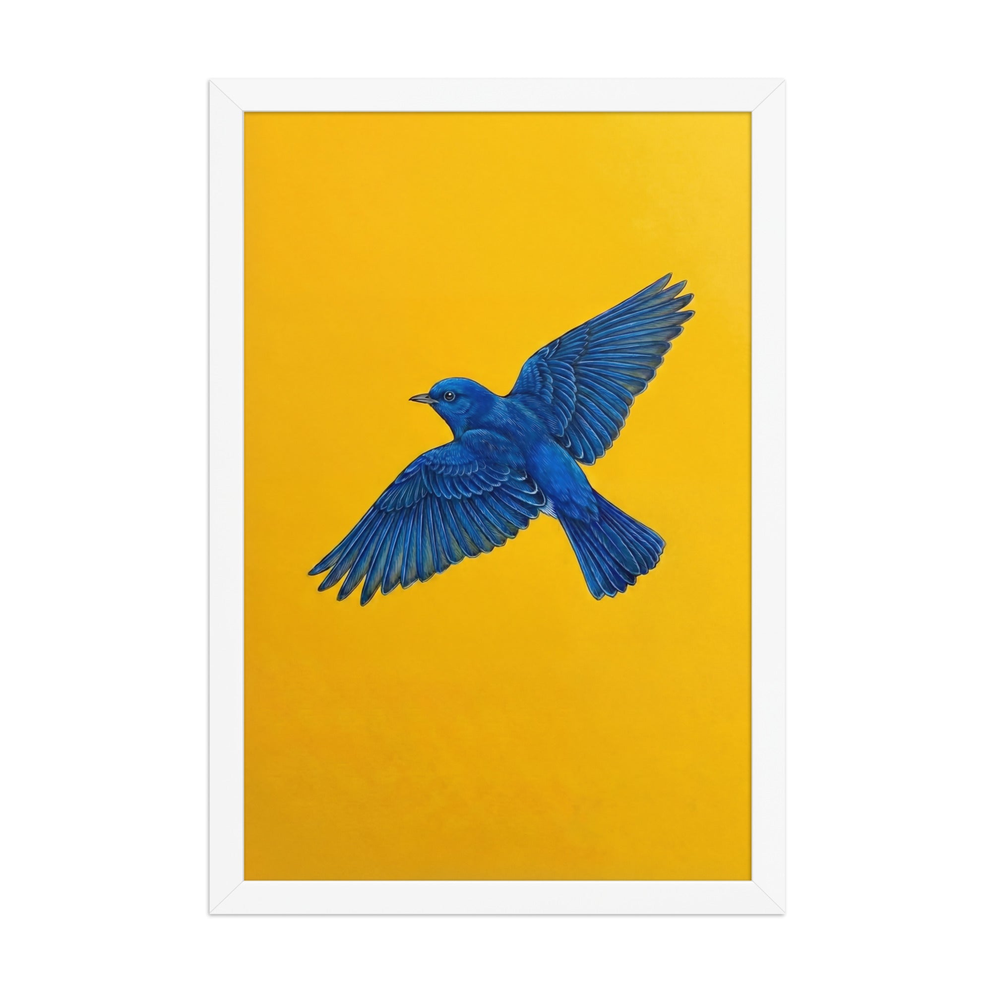 Bolbol (بلبل) Persian nightingale wall art in contemporary interior with yellow background and blue bird