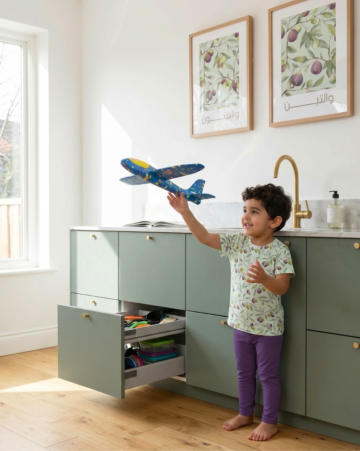 musli kidswear - Child wearing plum leggings and olive print t-shirt in bright kitchen