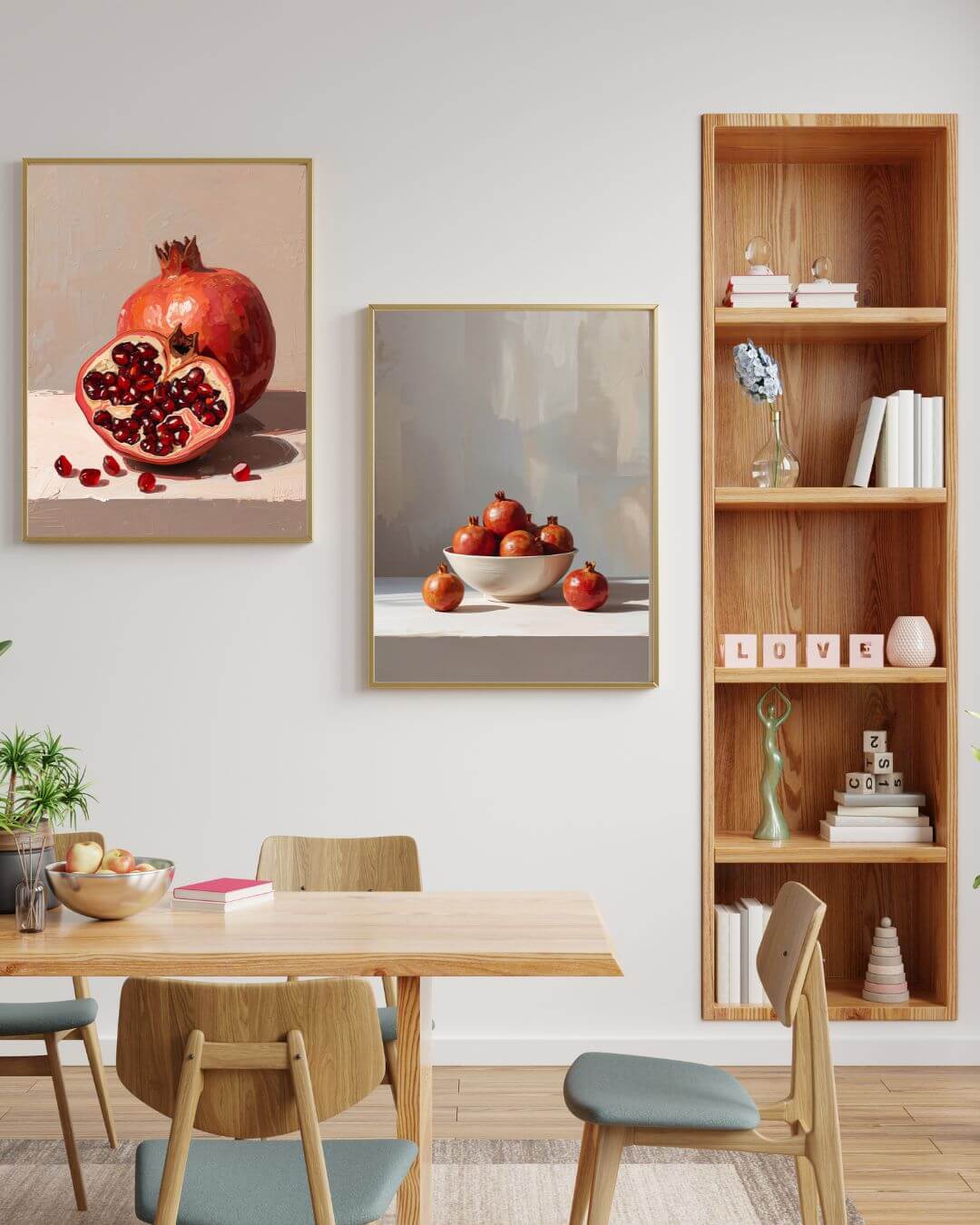 Framed artwork of pomegranates on a wall with a wooden shelf and decor items.