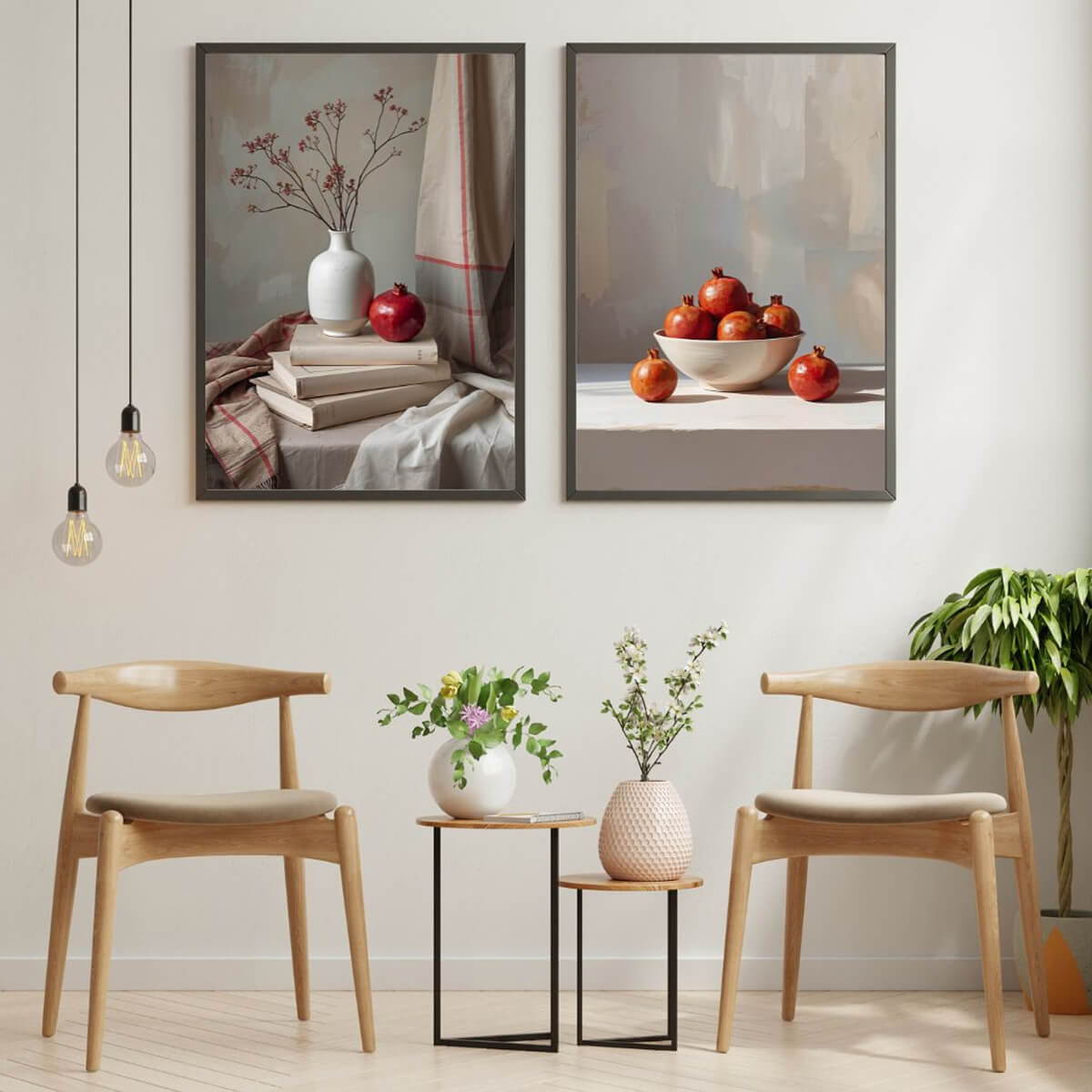 Two framed paintings of still life scenes with pomegranate in a room with wooden chairs and a small table.