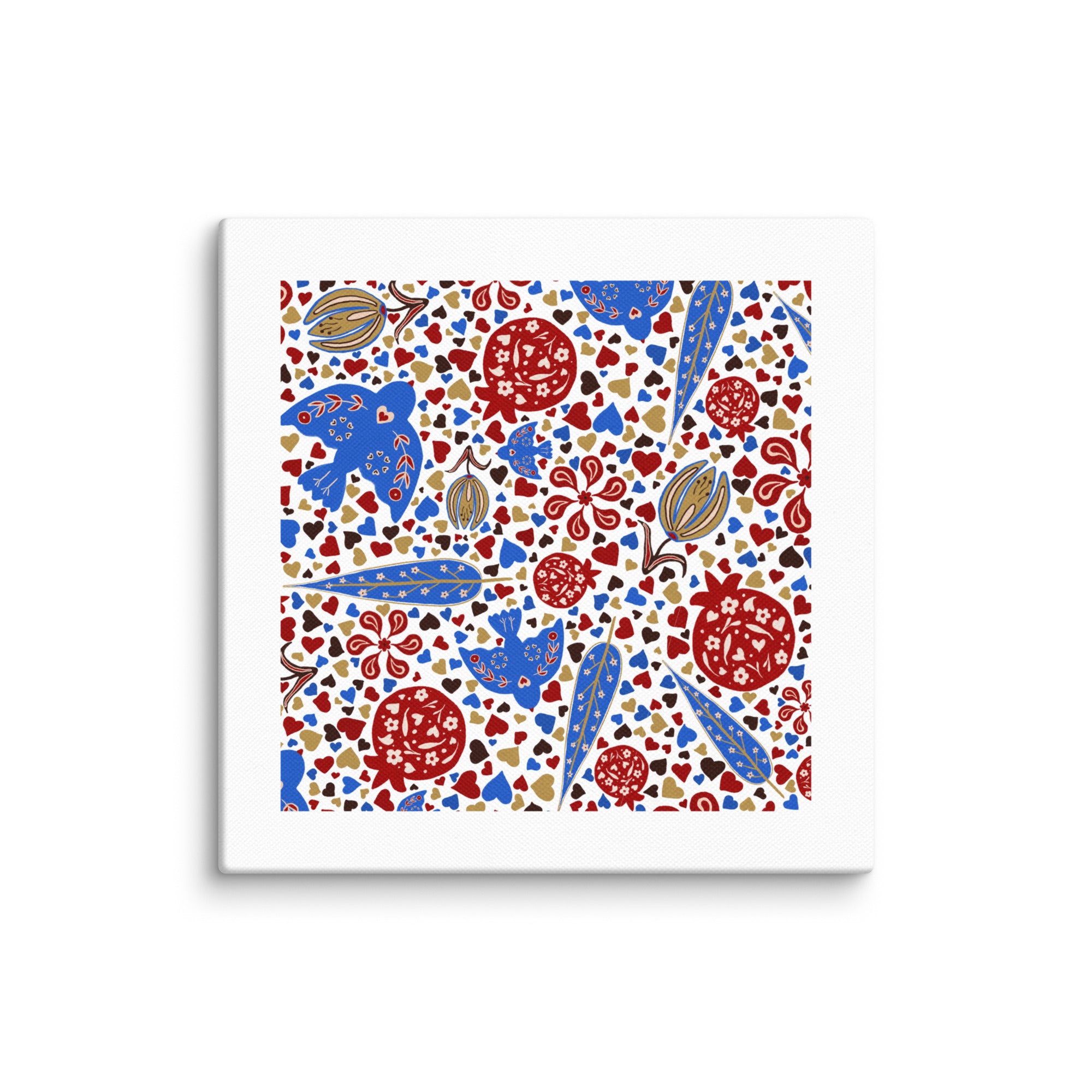 Colourful pomegranate and heart garden illustration with blue birds and ornate floral details.