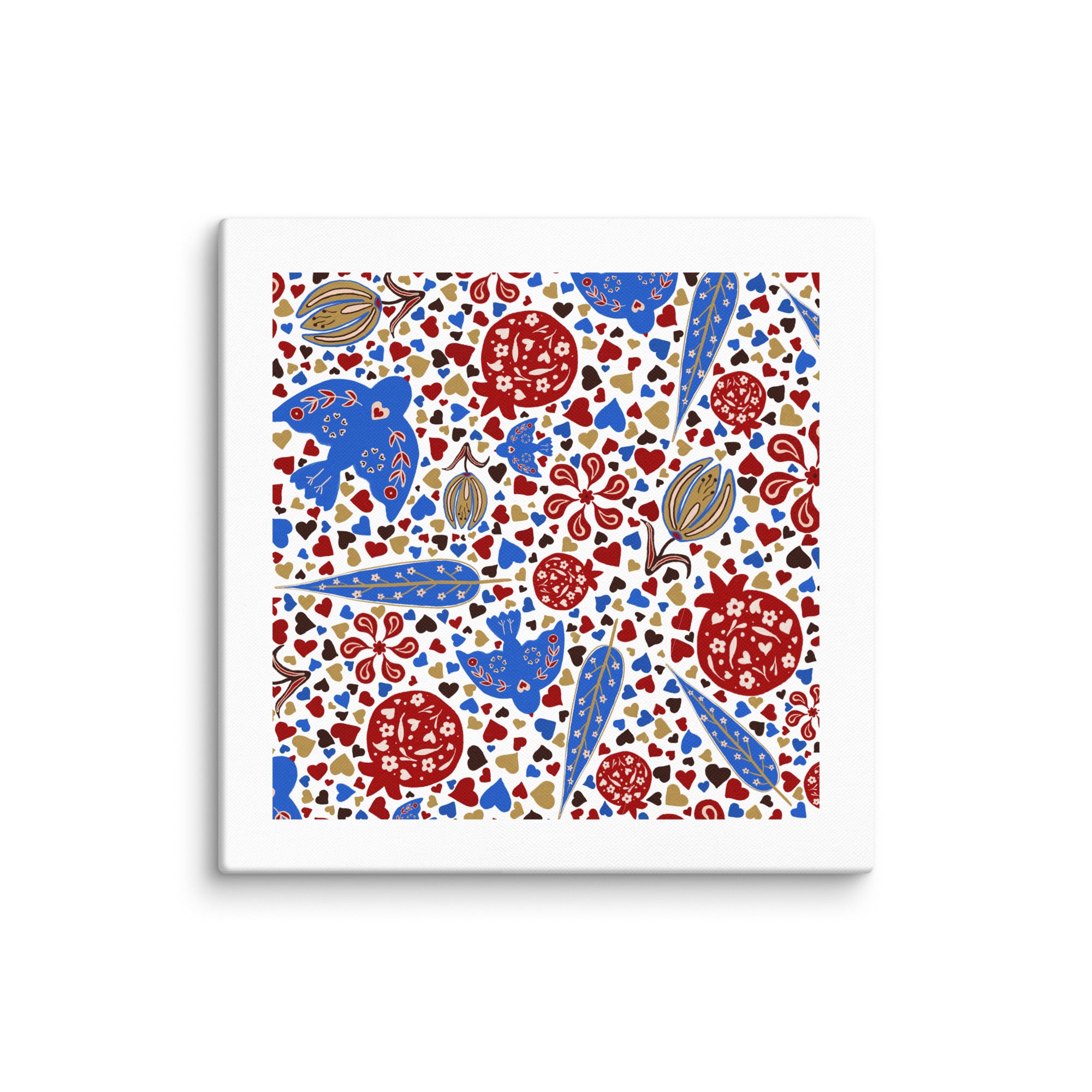 Pomegranate heart garden art print with birds, flowers, and Persian–Islamic inspired patterns.
