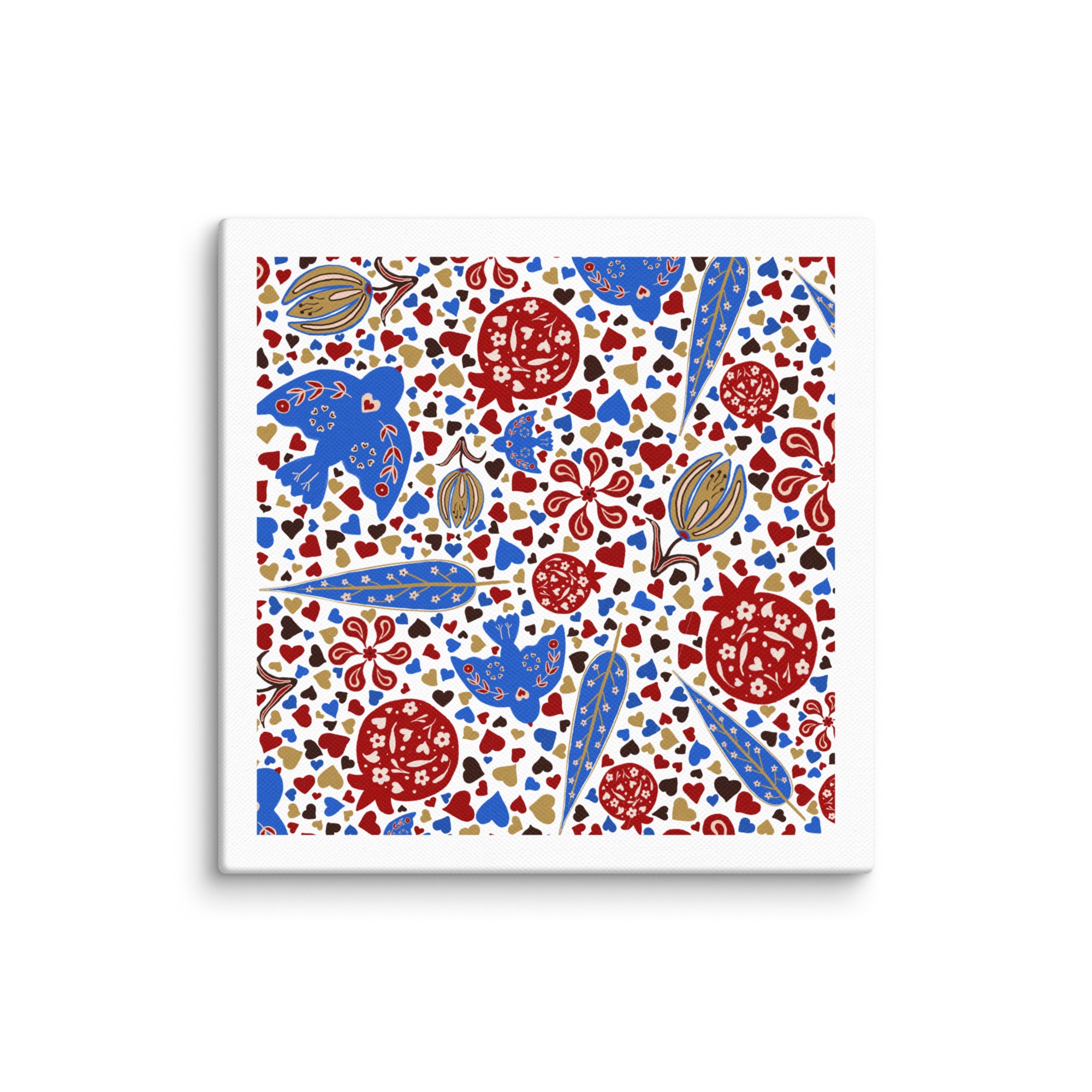 Hand-painted pomegranate and heart garden artwork with birds and floral motifs in an Islamic-inspired pattern.