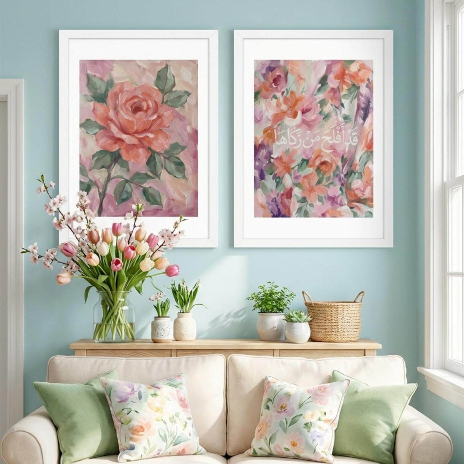 Quran verse 91:9 and rose printable set displayed in a pastel blue room as floral Islamic wall art pair