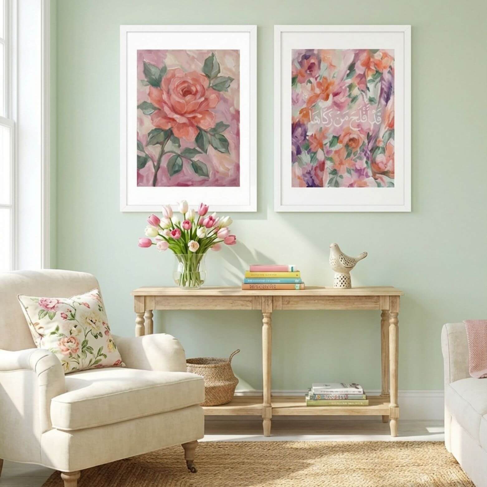 Quran verse 91:9 printable art displayed beside Islamic rose printable art in a soft pastel living room setting
