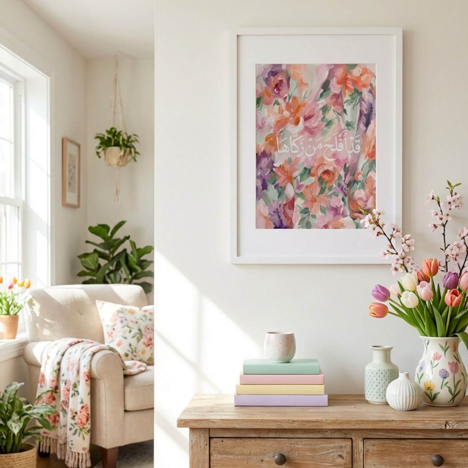 Quran verse 91:9 printable art framed in a bright living room as soft floral Islamic wall decor