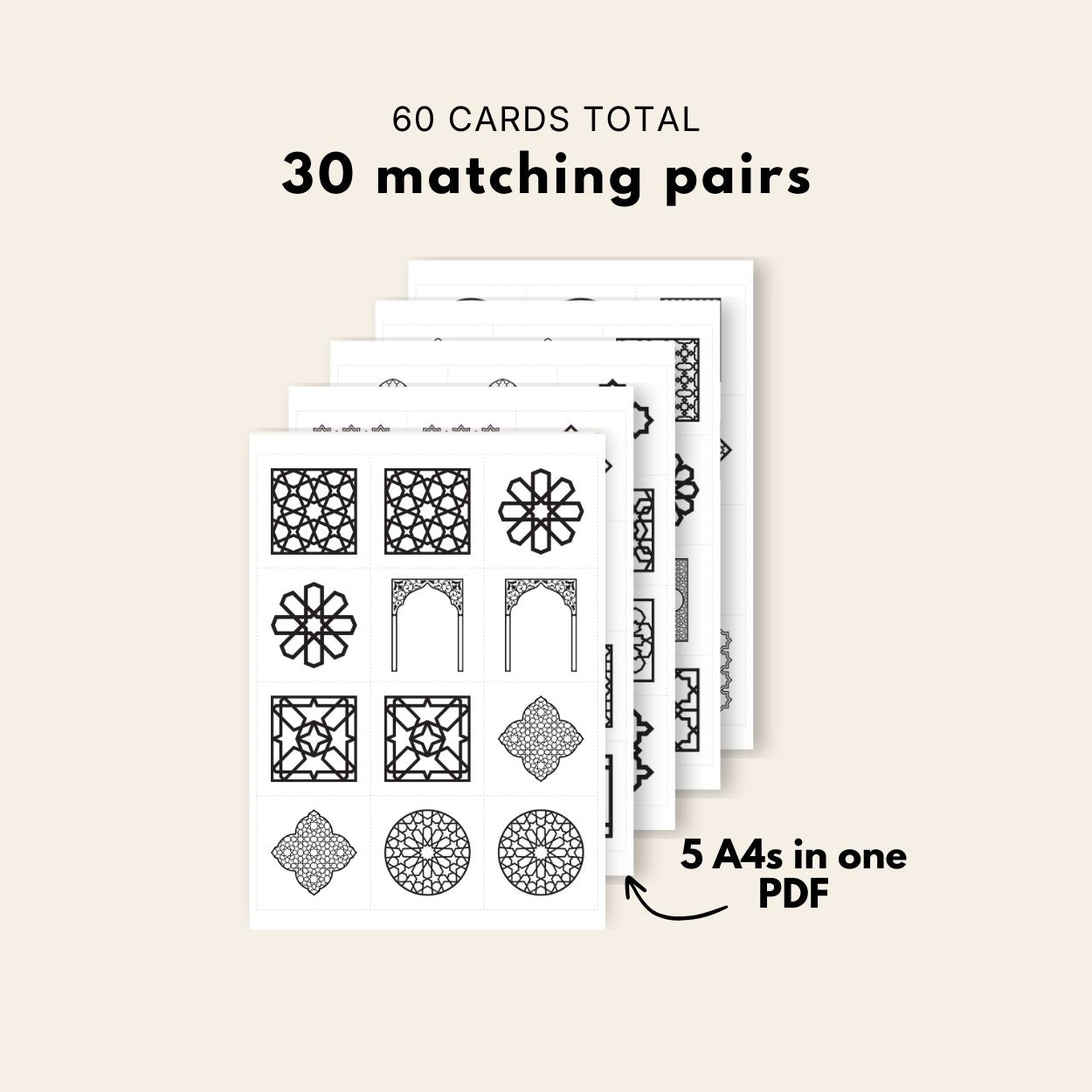 Islamic geometric game printable with 30 matching pairs (60 cards total), black and white A4 download for children, homeschool and family activities