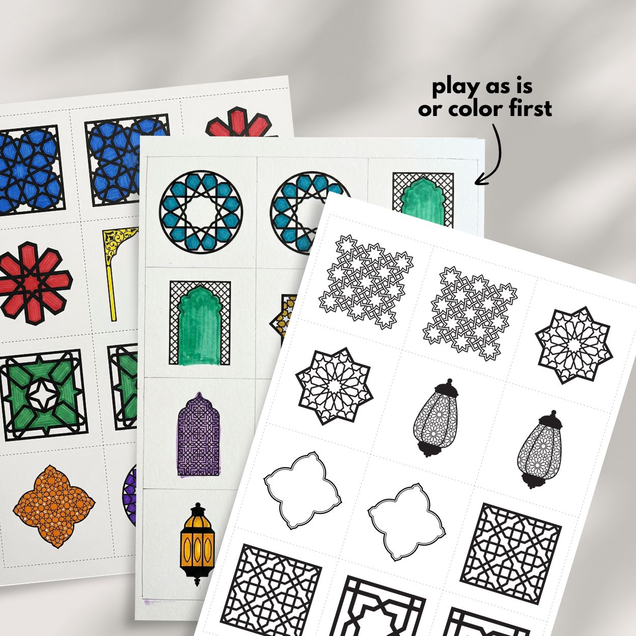 Coloring sheets with islamic geometric patterns on a gray background