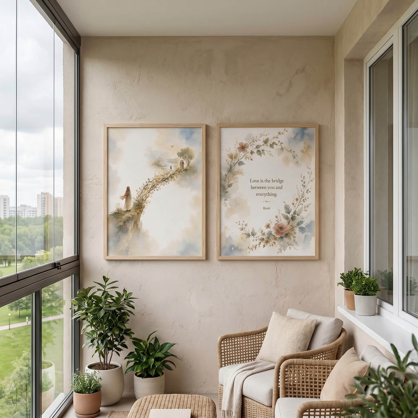 Pair of framed Rumi bridge and floral quote watercolor prints in light oak frames on a neutral wall in a bright balcony seating area.