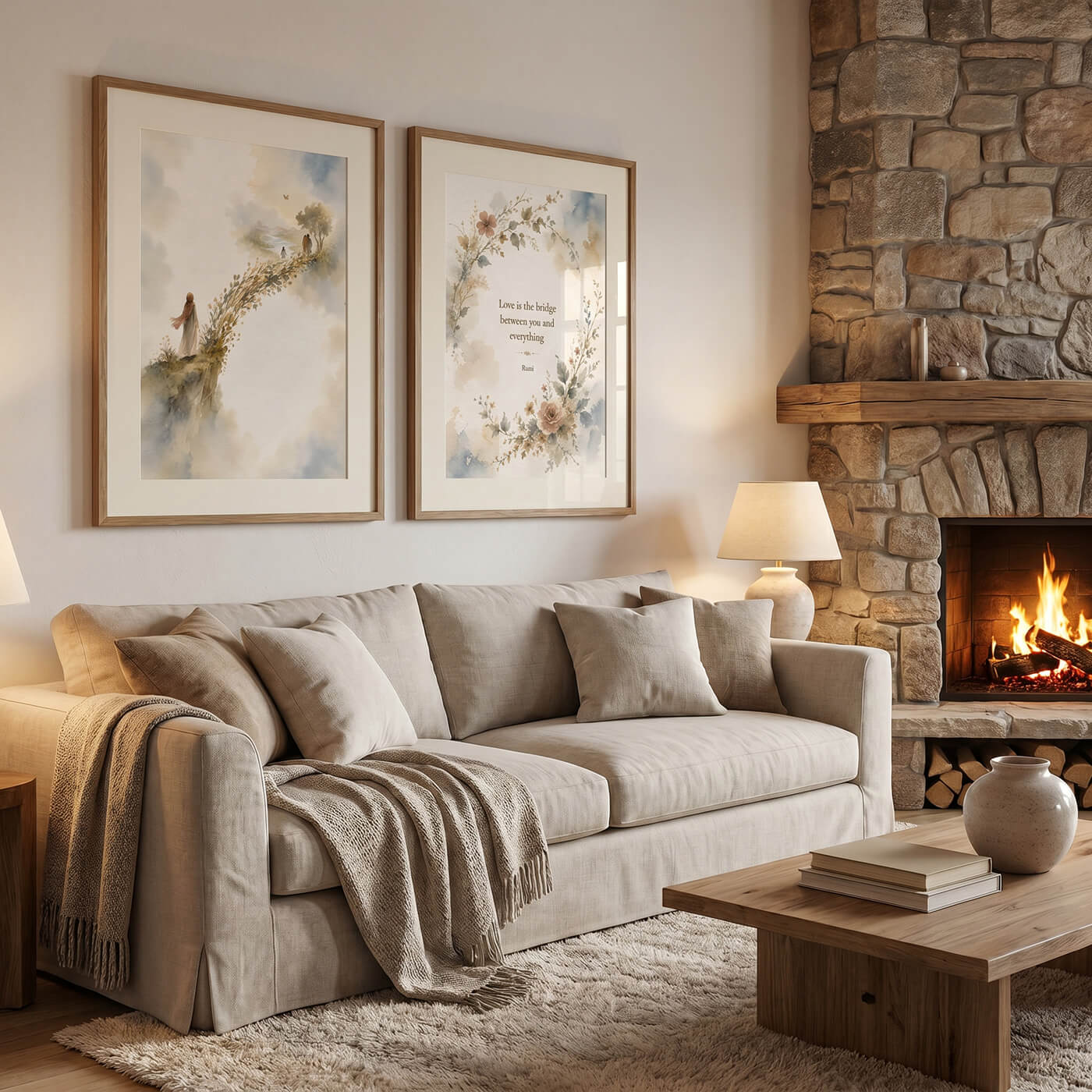 Two Rumi-inspired watercolor wall art prints framed in white washed oak above a neutral sofa in a cosy living room with a stone fireplace.