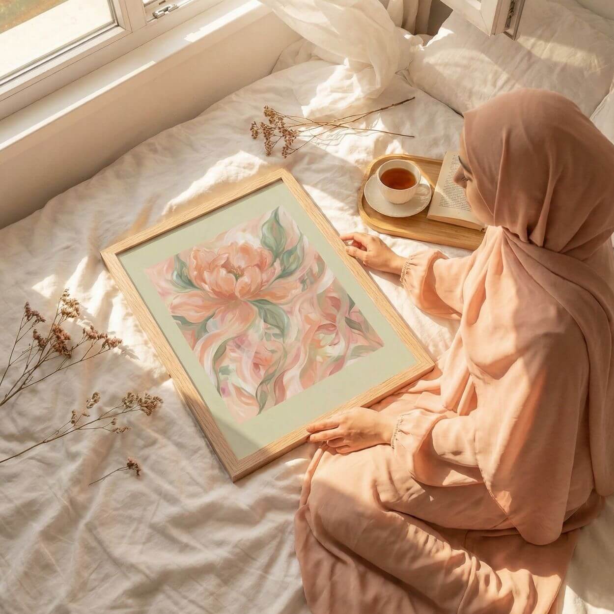Soft floral Islamic wall art printable styled in a warm bedroom setting with a framed blush botanical art print