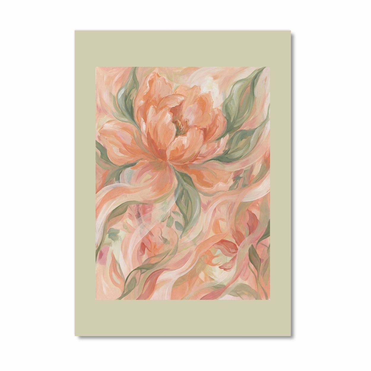 Soft floral Islamic wall art printable in blush peach and muted sage tones with a soft moss green border
