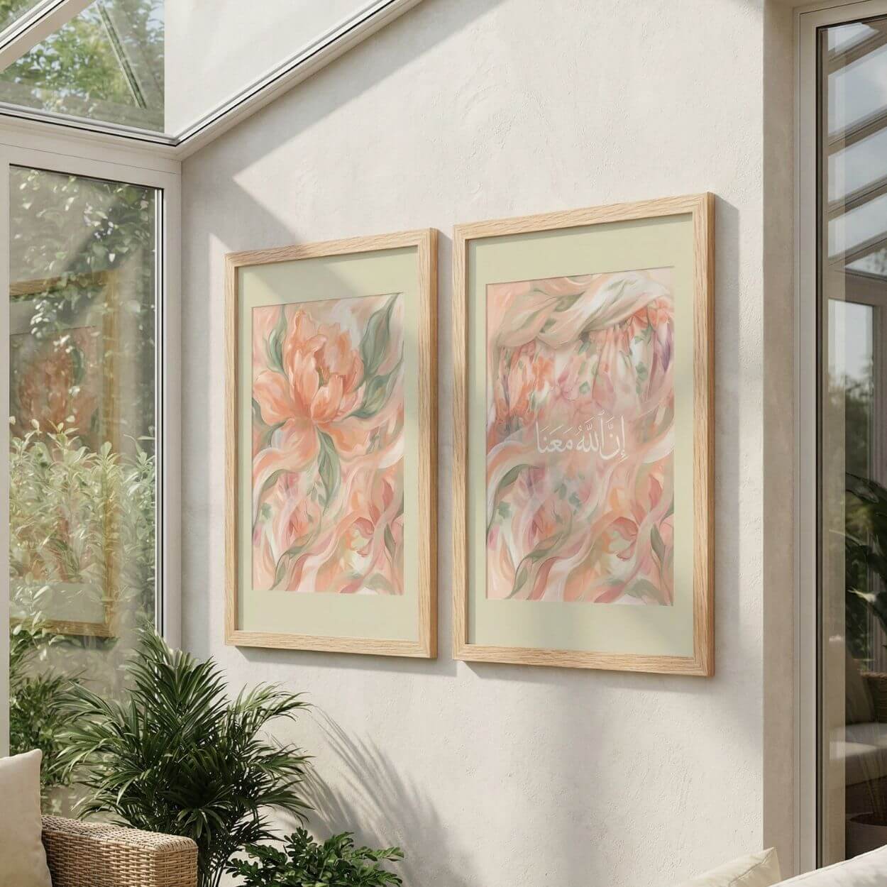 Soft floral Islamic wall art printable displayed as part of a matching framed wall art pair in a light neutral interior