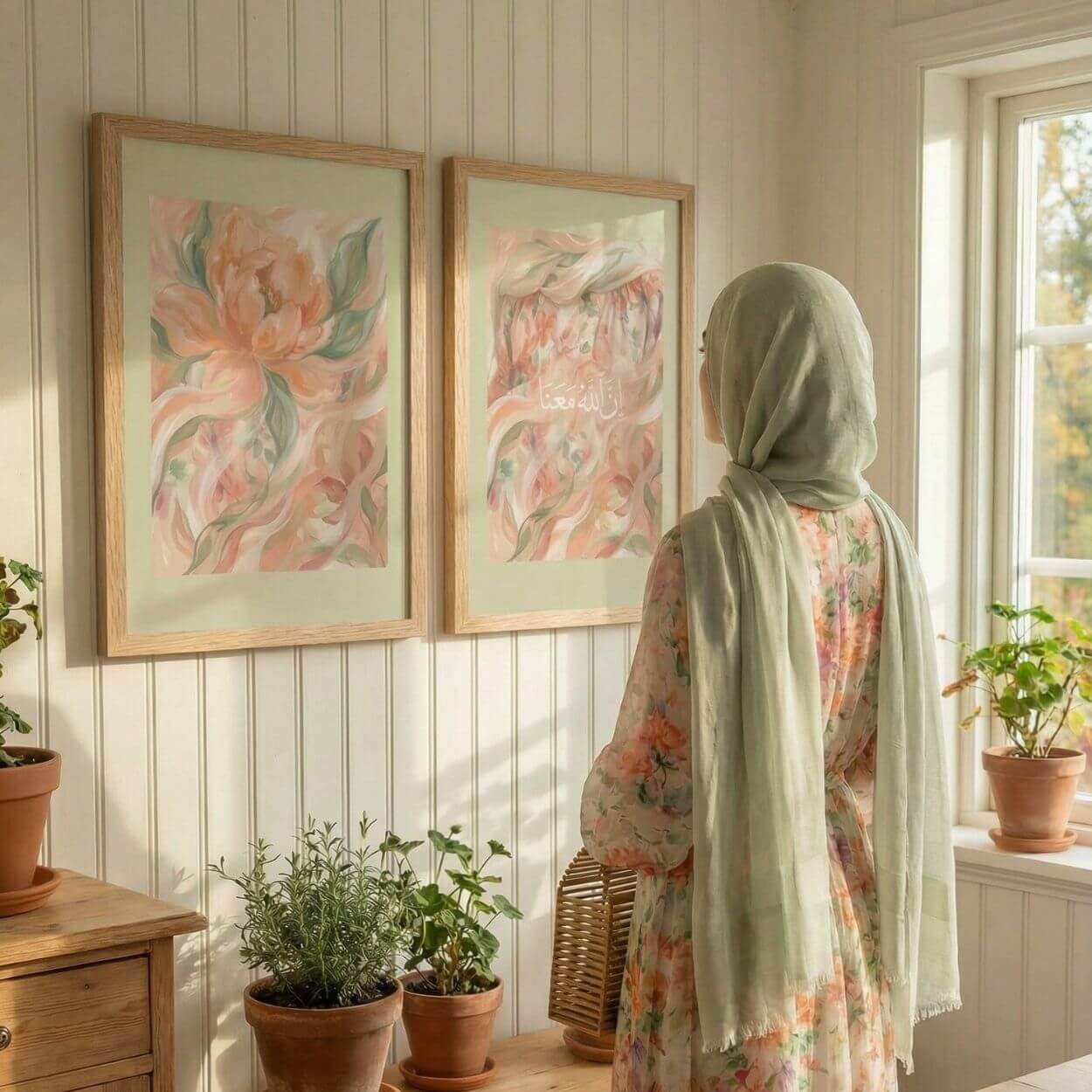 Soft floral Islamic wall art printable styled on a wall with matching blush botanical artwork in a calm feminine interior
