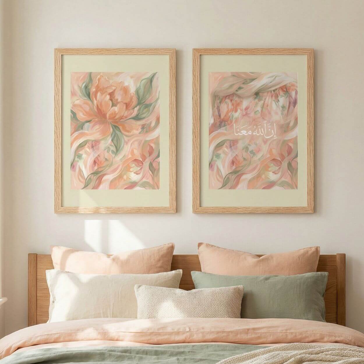 Soft floral Islamic wall art set of two printable art pieces above a bed, featuring a floral print and Inna Allaha Ma’ana Arabic calligraphy wall art in blush and sage tones