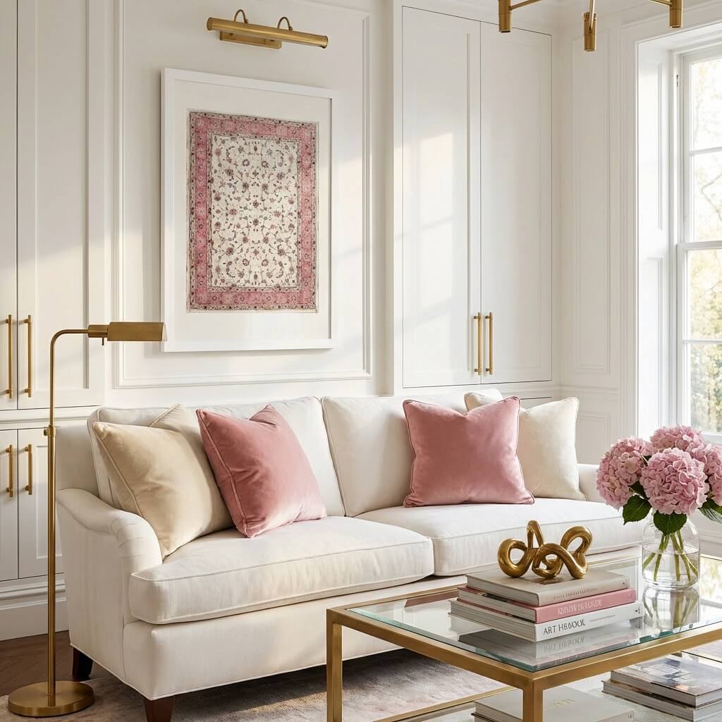 Framed Persian carpet wall art print displayed above sofa in bright neutral living room